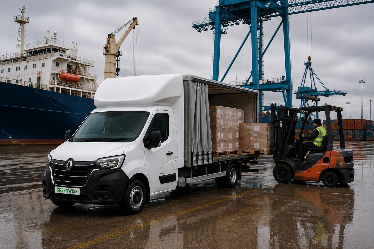 Forklift loading palletised goods into a curtain-side Luton van for commercial delivery