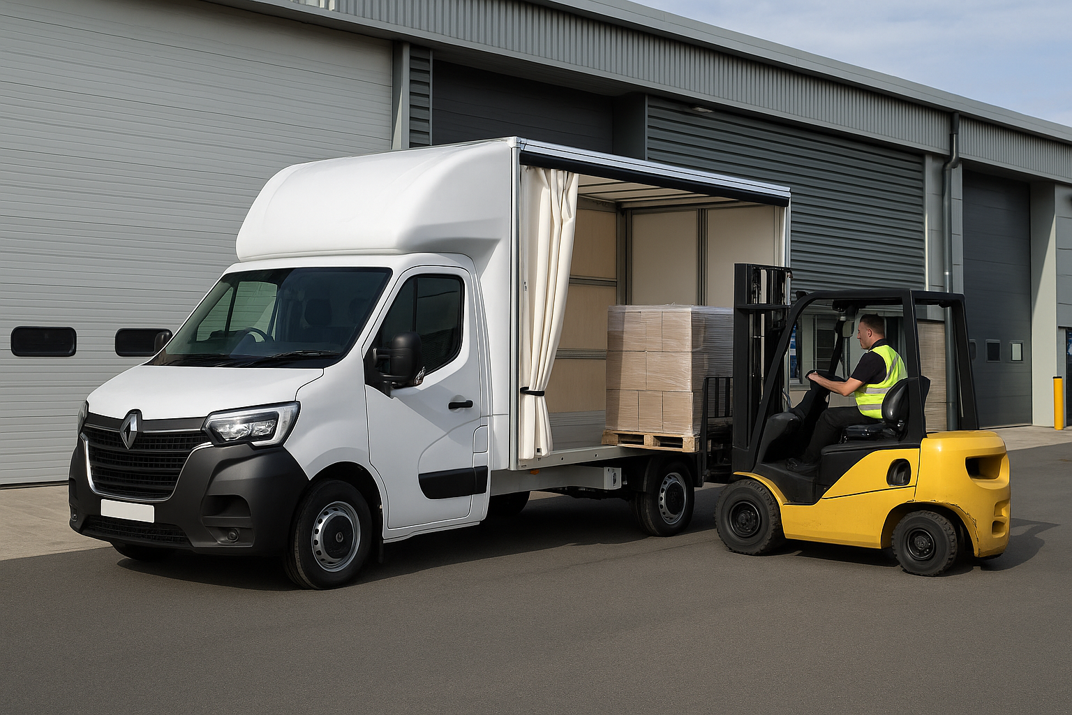 Curtain-side commercial loading Forklift loading palletised goods through an open curtain-side Luton van