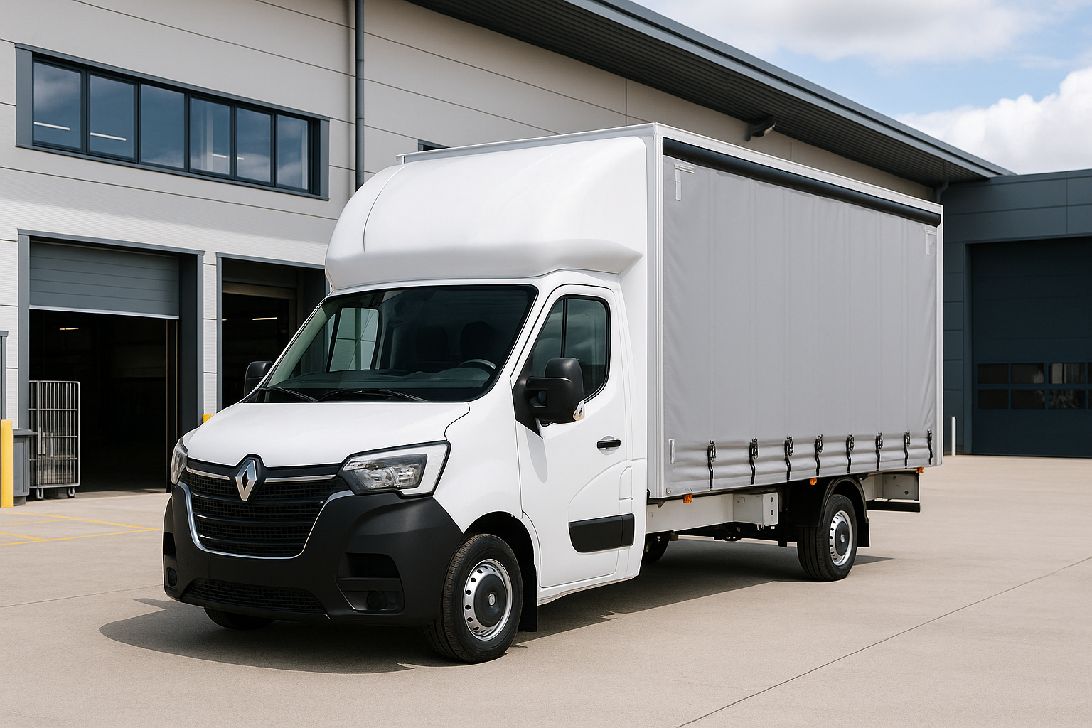 Luton van warehouse transport Luton van outside a modern UK warehouse for commercial transport in Essex