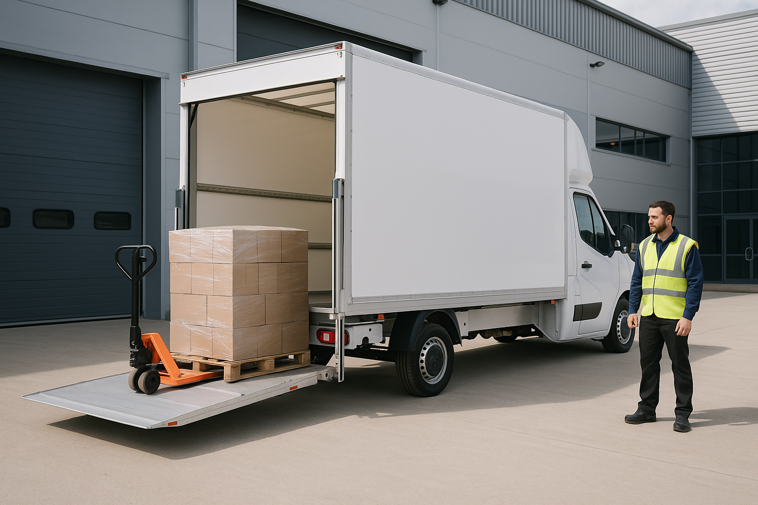 Tail-lift pallet delivery Palletised goods positioned on the tail lift of a Luton van for commercial delivery across Essex and the UK